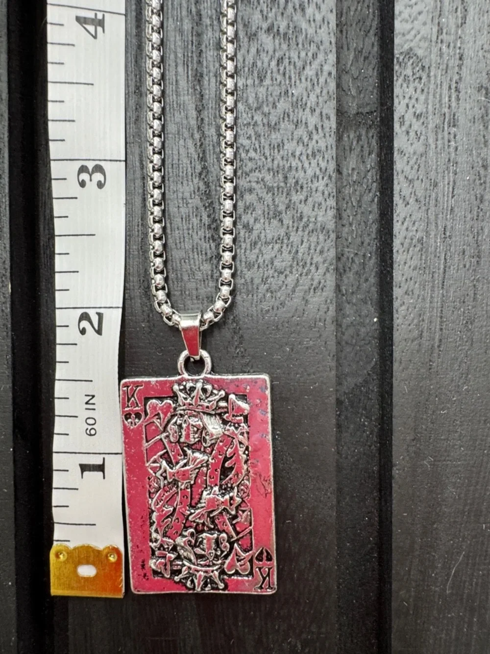 Men's Silver Skull King of Hearts Pendant Necklace - Card Design
